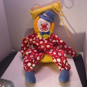 Vintage Clown Doll on Swing, Red Polka Dot Outfit, Circus Decor